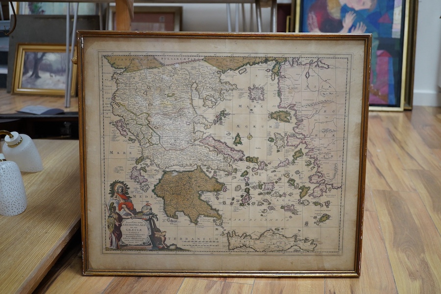 After Nicholas Visscher, antique engraved hand coloured map of Greece, circa 1700, 53 x 62cm. Condition - poor to fair